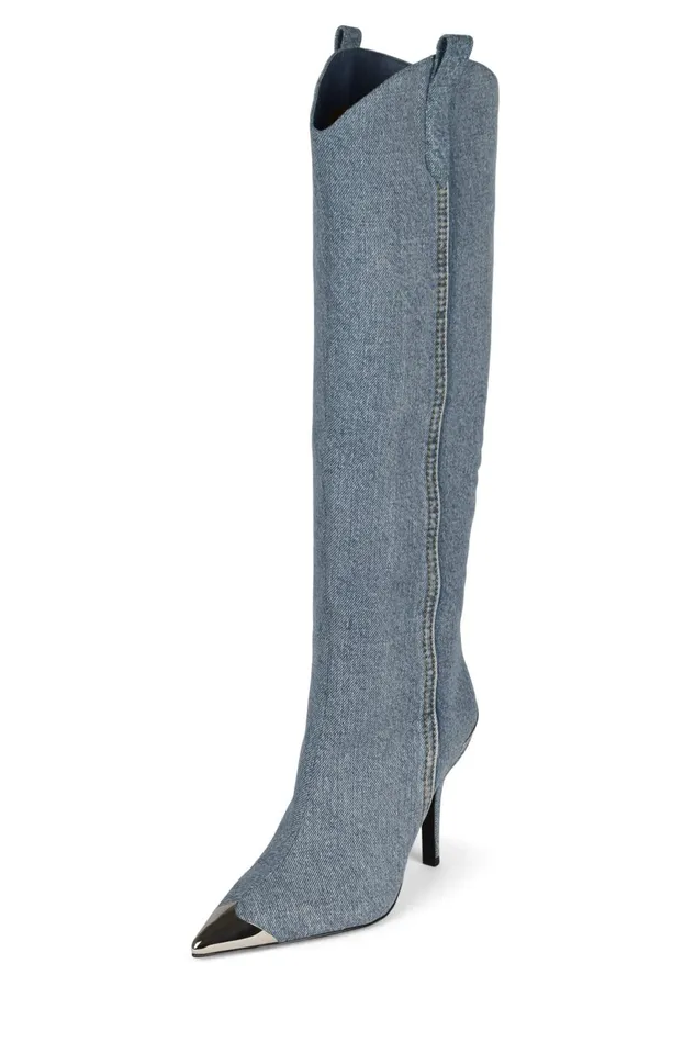 Women Jeffrey Campbell Knee To Thigh BYGOLLY Blue Acid Wash Denim Silver