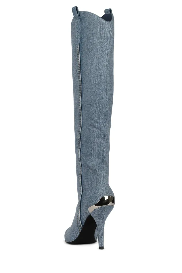 Women Jeffrey Campbell Knee To Thigh BYGOLLY Blue Acid Wash Denim Silver