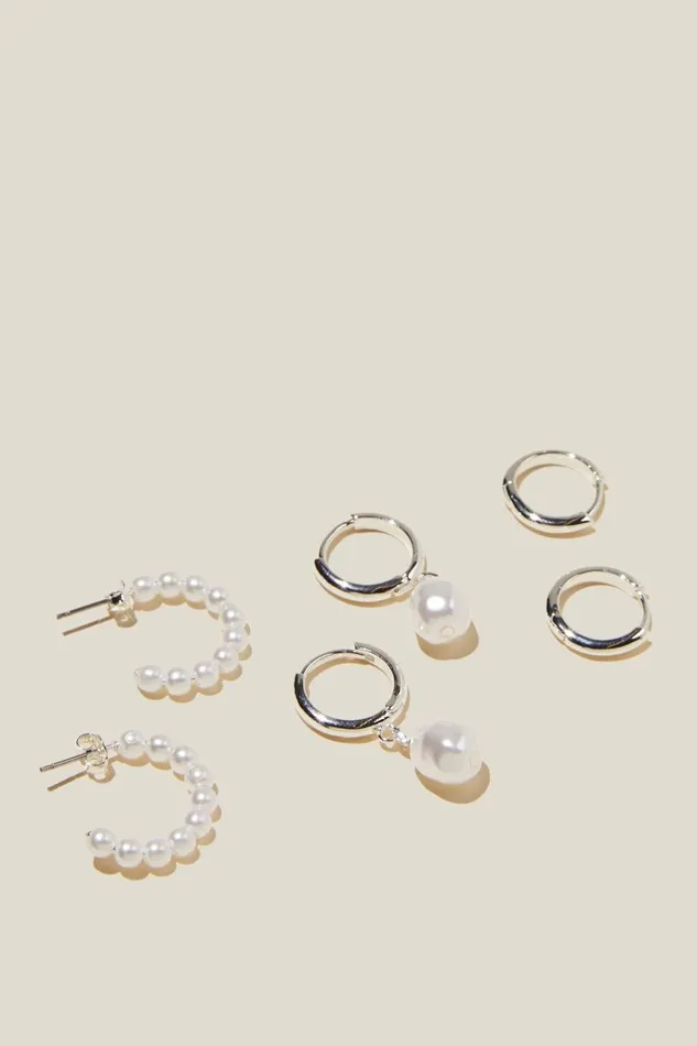 Women Jewelry Cotton On 3Pk Mid Earring Sterling Silver Plated Pearl