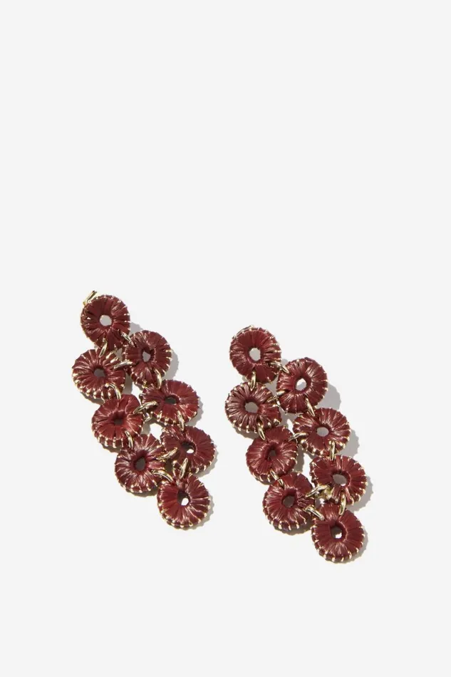 Women Jewelry Cotton On Mid Charm Earring Gold Plated Burgundy Raffia Drop