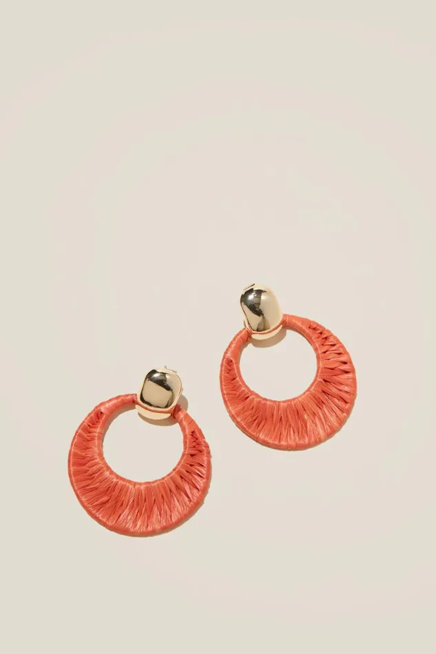 Women Jewelry Cotton On Mid Charm Earring Gold Plated Orange Raffia Doorknocker