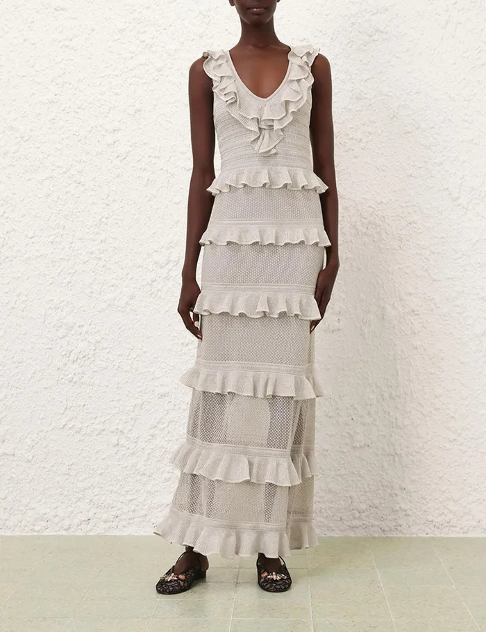 Women Knitwear Zimmermann Crush Frilled VNeck Midi Silver