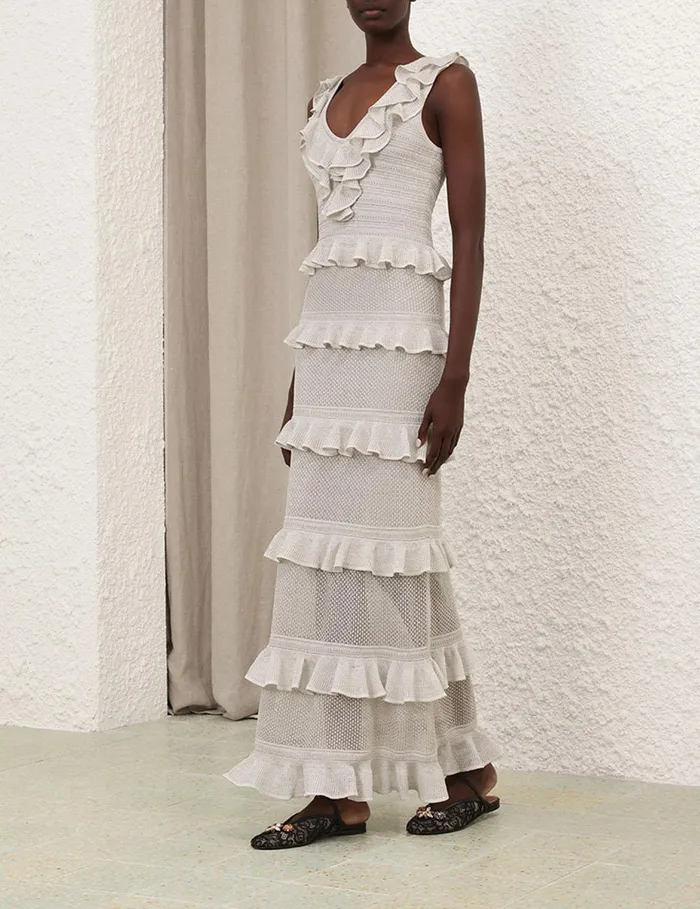 Women Knitwear Zimmermann Crush Frilled VNeck Midi Silver
