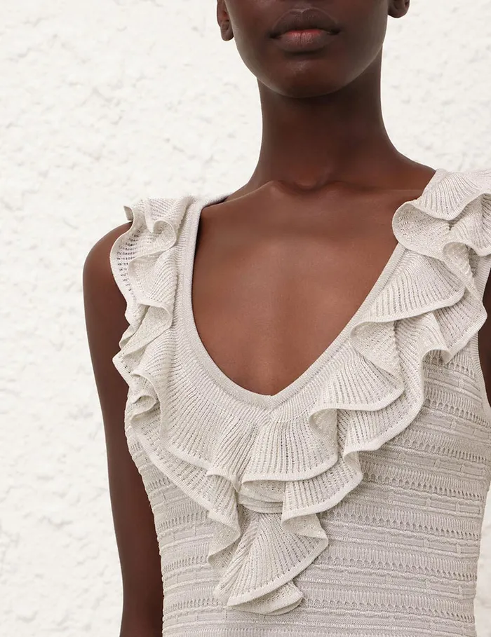 Women Knitwear Zimmermann Crush Frilled VNeck Midi Silver