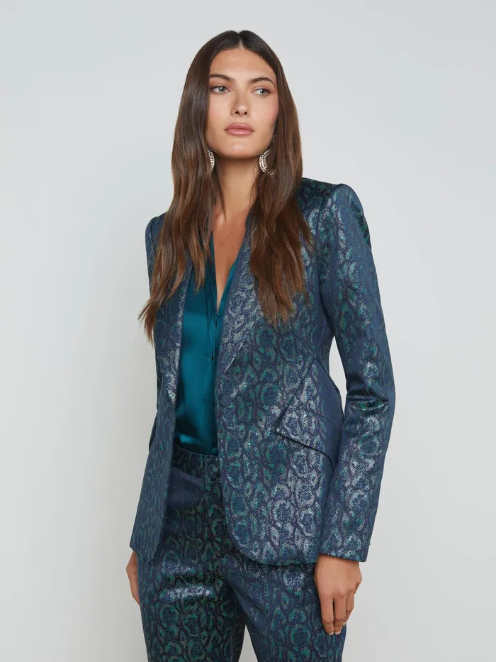 Women L039Agence Blazers and Jackets New Chamberlain Jacquard Blazer Teal Multi Leopard Jacquard Women L039Agence Blazers and Jackets New Chamberlain Jacquard Blazer Teal Multi Leopard Jacquard