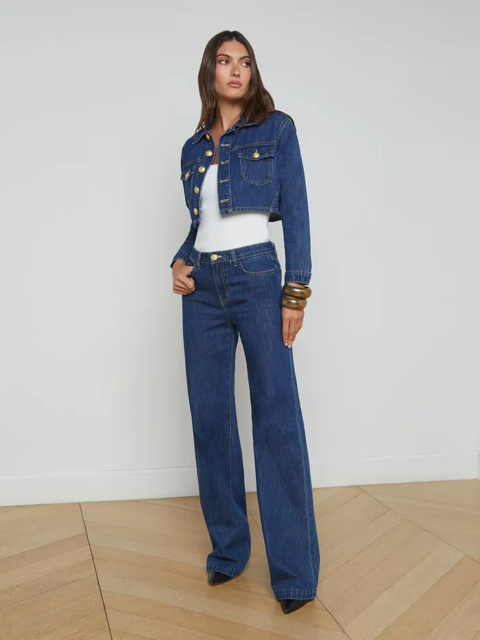 Women L039Agence Blazers and Jackets New Genevie Cropped Denim Jacket Conway Women L039Agence Blazers and Jackets New Genevie Cropped Denim Jacket Conway