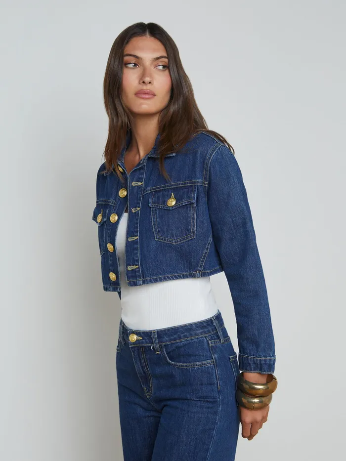 Women L039Agence Blazers and Jackets New Genevie Cropped Denim Jacket Conway Women L039Agence Blazers and Jackets New Genevie Cropped Denim Jacket Conway