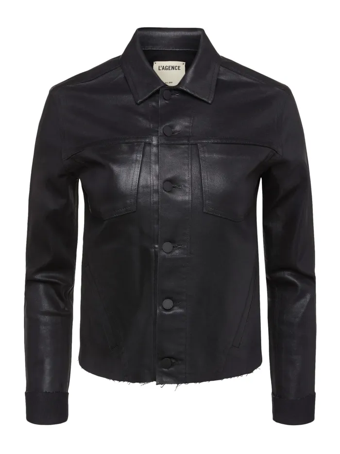 Women L039Agence Blazers and Jackets New Janelle Coated Denim Jacket Saturated Black Coated Women L039Agence Blazers and Jackets New Janelle Coated Denim Jacket Saturated Black Coated