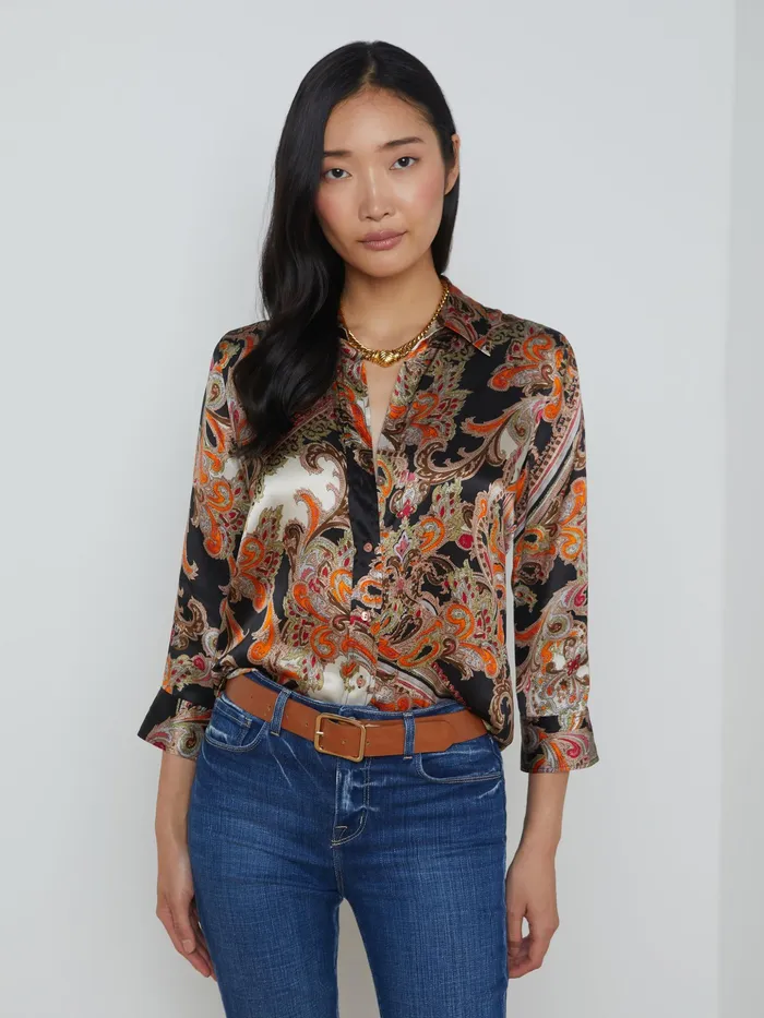 Women L039Agence Blouses and Tops Dani Silk Blouse Tonal Tan Paisley Medallion