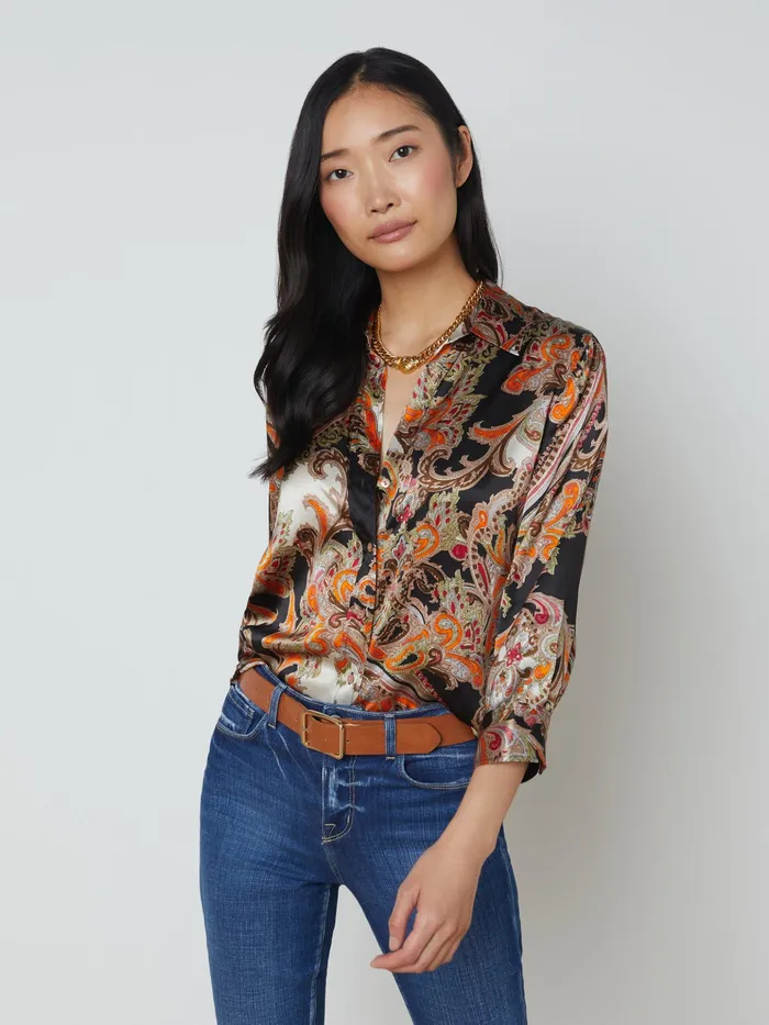 Women L039Agence Blouses and Tops Dani Silk Blouse Tonal Tan Paisley Medallion