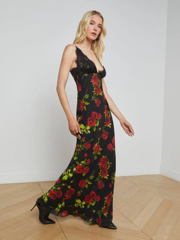 Women L039Agence Dresses and Jumpsuits Susanna Silk Lace Gown Black Multi Romantic Rose Women L039Agence Dresses and Jumpsuits Susanna Silk Lace Gown Black Multi Romantic Rose