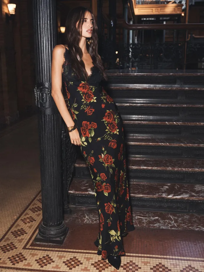 Women L039Agence Dresses and Jumpsuits Susanna Silk Lace Gown Black Multi Romantic Rose Women L039Agence Dresses and Jumpsuits Susanna Silk Lace Gown Black Multi Romantic Rose