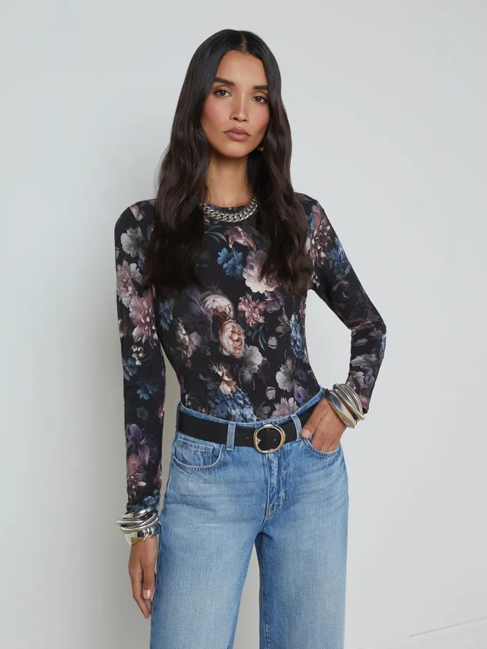 Women L039Agence Tees Tess Long Sleeve Tee Black Multi Vintage Oil Flower
