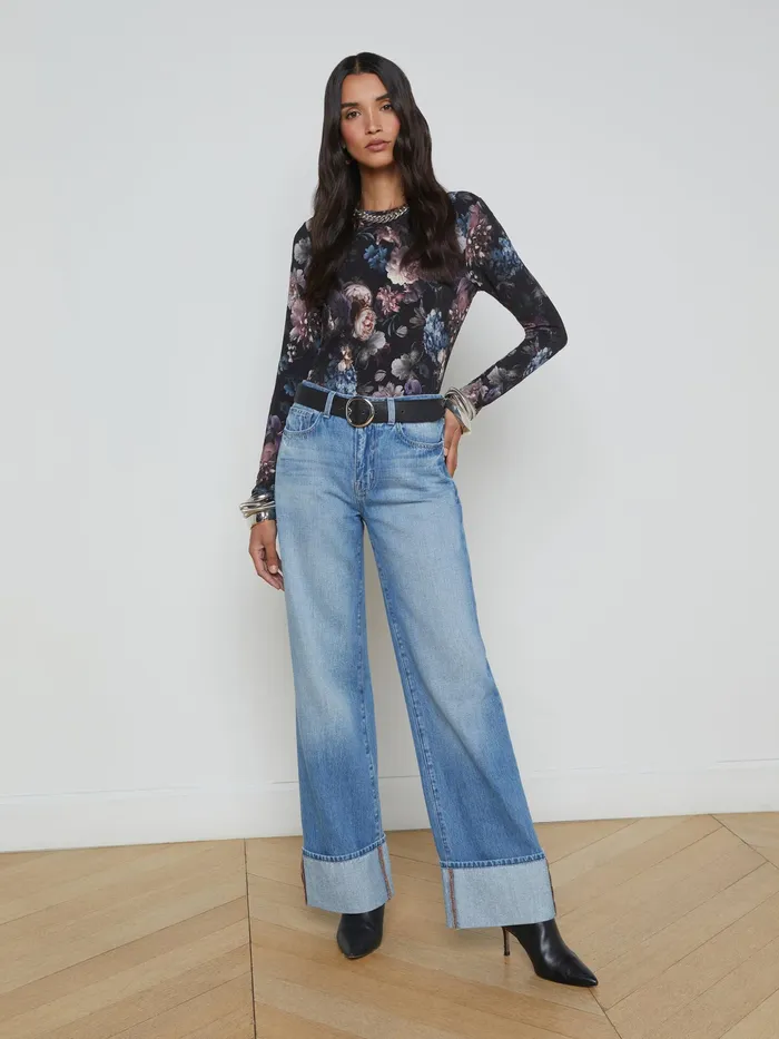 Women L039Agence Tees Tess Long Sleeve Tee Black Multi Vintage Oil Flower Women L039Agence Tees Tess Long Sleeve Tee Black Multi Vintage Oil Flower