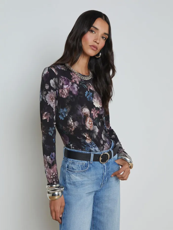Women L039Agence Tees Tess Long Sleeve Tee Black Multi Vintage Oil Flower Women L039Agence Tees Tess Long Sleeve Tee Black Multi Vintage Oil Flower