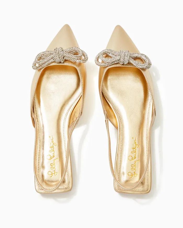 Women Lilly Pulitzer Shoes Brit Leather Slingback Heels Gold Metallic