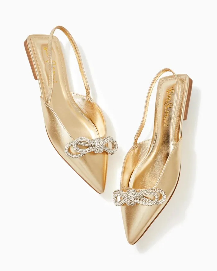 Women Lilly Pulitzer Shoes Brit Leather Slingback Heels Gold Metallic