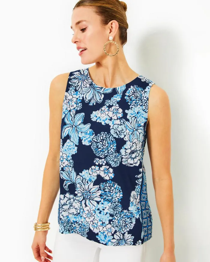 Women Lilly Pulitzer Tops Iona Sleeveless Top Low Tide Navy Bouquet All Day Engineered Woven Top