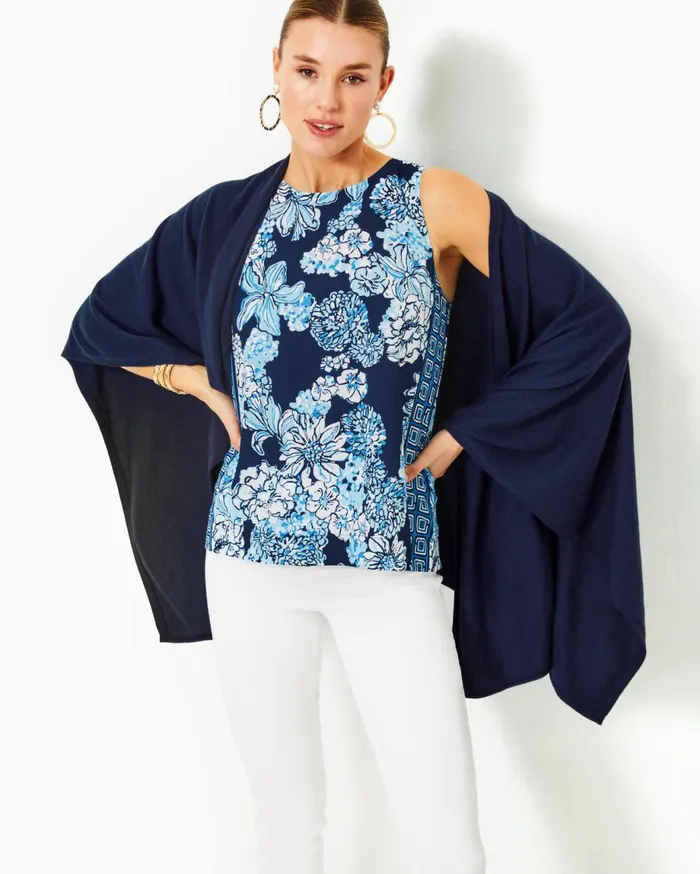 Women Lilly Pulitzer Tops Iona Sleeveless Top Low Tide Navy Bouquet All Day Engineered Woven Top