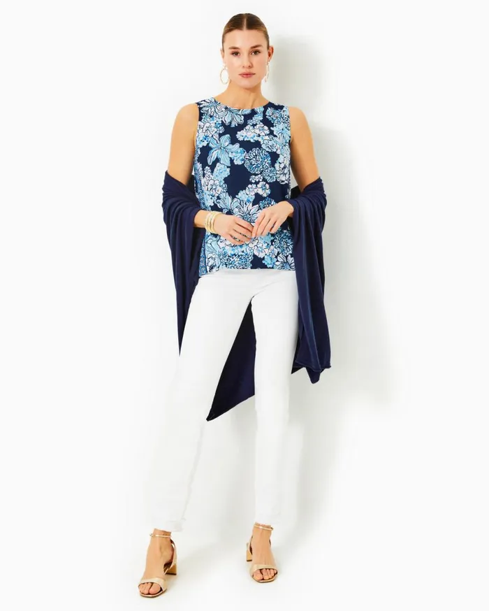 Women Lilly Pulitzer Tops Iona Sleeveless Top Low Tide Navy Bouquet All Day Engineered Woven Top
