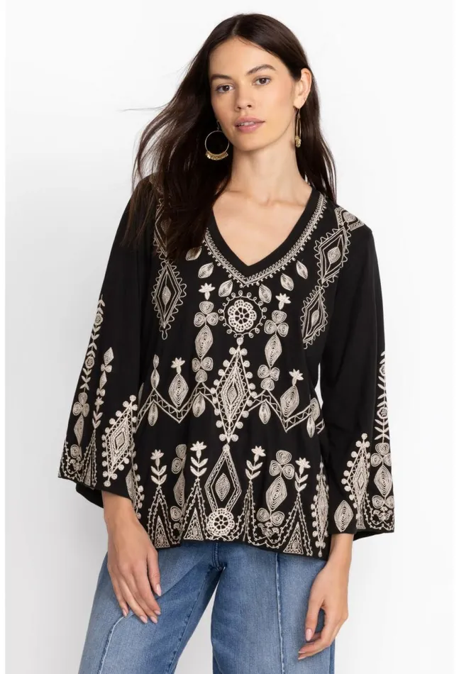 Women Liona VNeck Kimono Sleeve Tee Black Johnny Was Tops