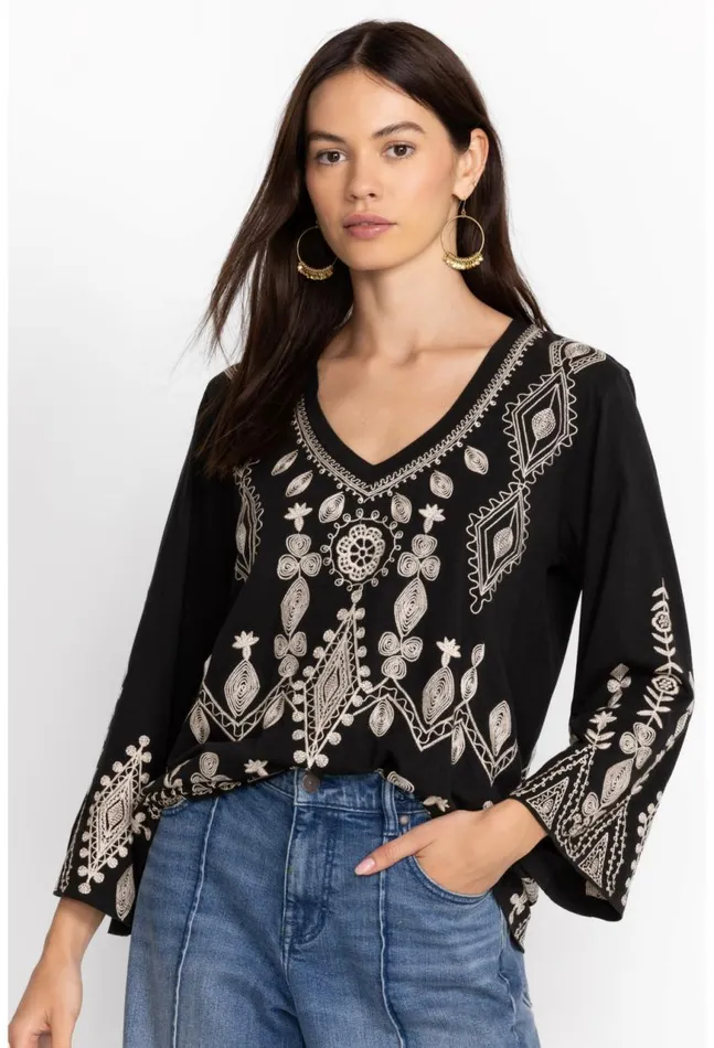 Women Liona VNeck Kimono Sleeve Tee Black Johnny Was Tops