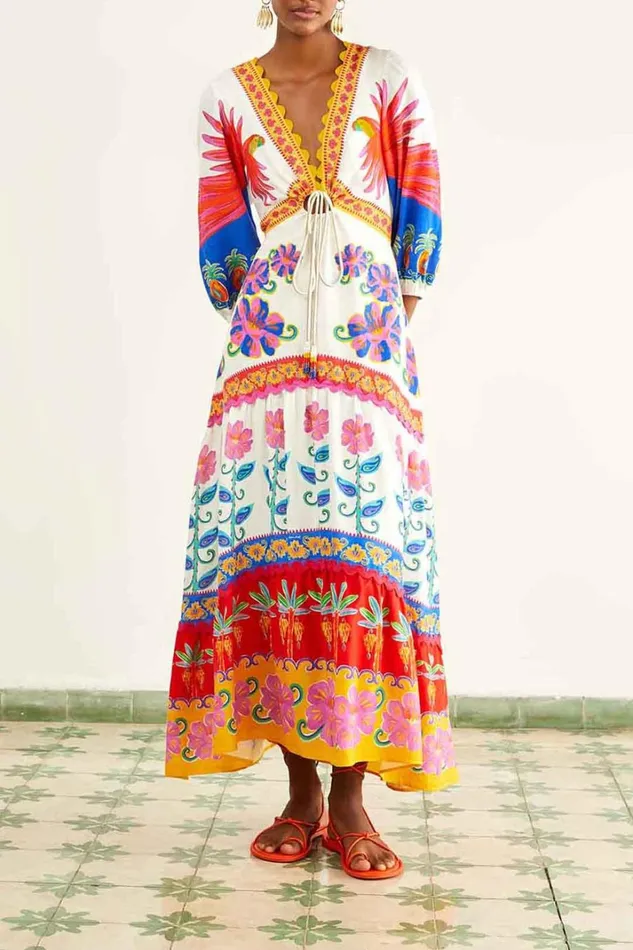 Women Maxi Dresses Farm Rio OffWhite Vivid Garden Maxi Dress