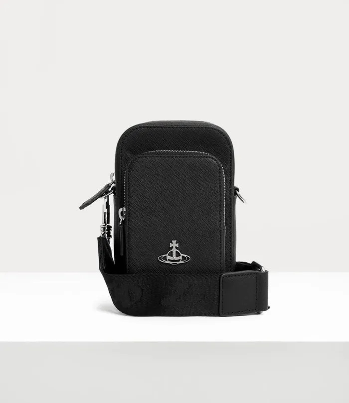 WomenMen Saffiano Phone Crossbody Bag Black Vivienne Westwood Crossbody Bags