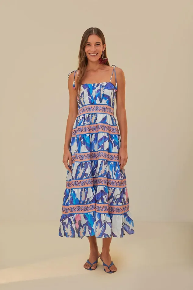 Women Midi Dresses Farm Rio OffWhite Blue Foliage Midi Dress