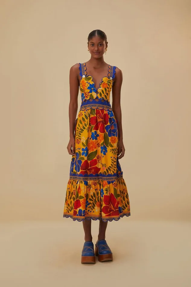 Women Midi Dresses Farm Rio Yellow Floral Yard Lenzing Ecovero Euroflax Midi Dress