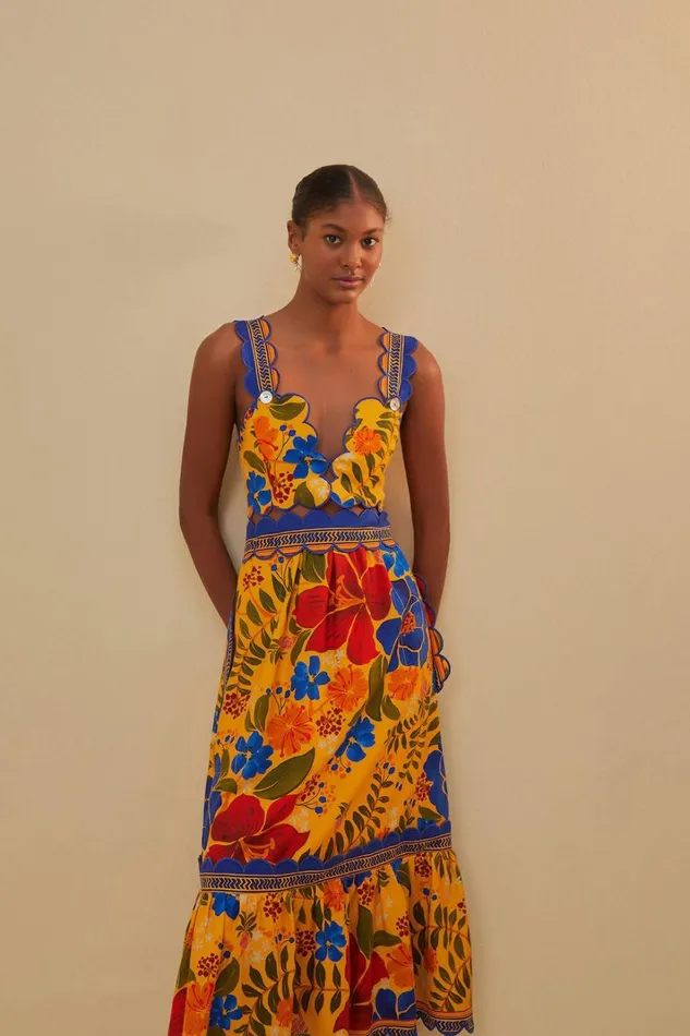 Women Midi Dresses Farm Rio Yellow Floral Yard Lenzing Ecovero Euroflax Midi Dress