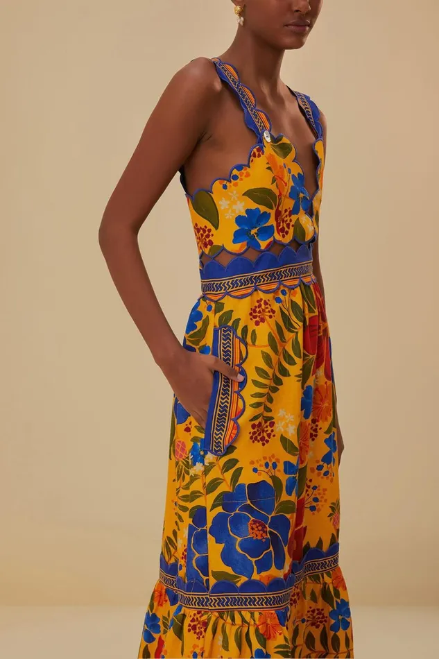 Women Midi Dresses Farm Rio Yellow Floral Yard Lenzing Ecovero Euroflax Midi Dress