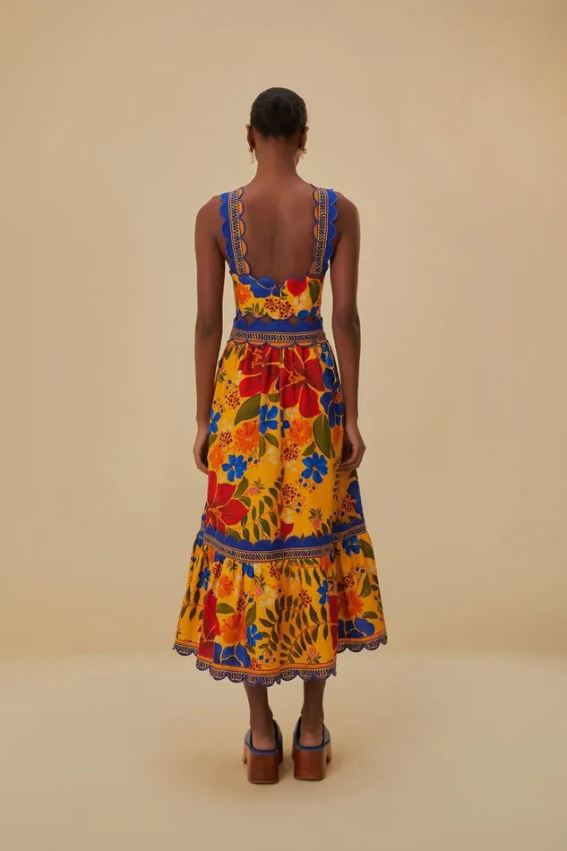 Women Midi Dresses Farm Rio Yellow Floral Yard Lenzing Ecovero Euroflax Midi Dress