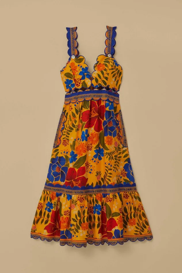 Women Midi Dresses Farm Rio Yellow Floral Yard Lenzing Ecovero Euroflax Midi Dress