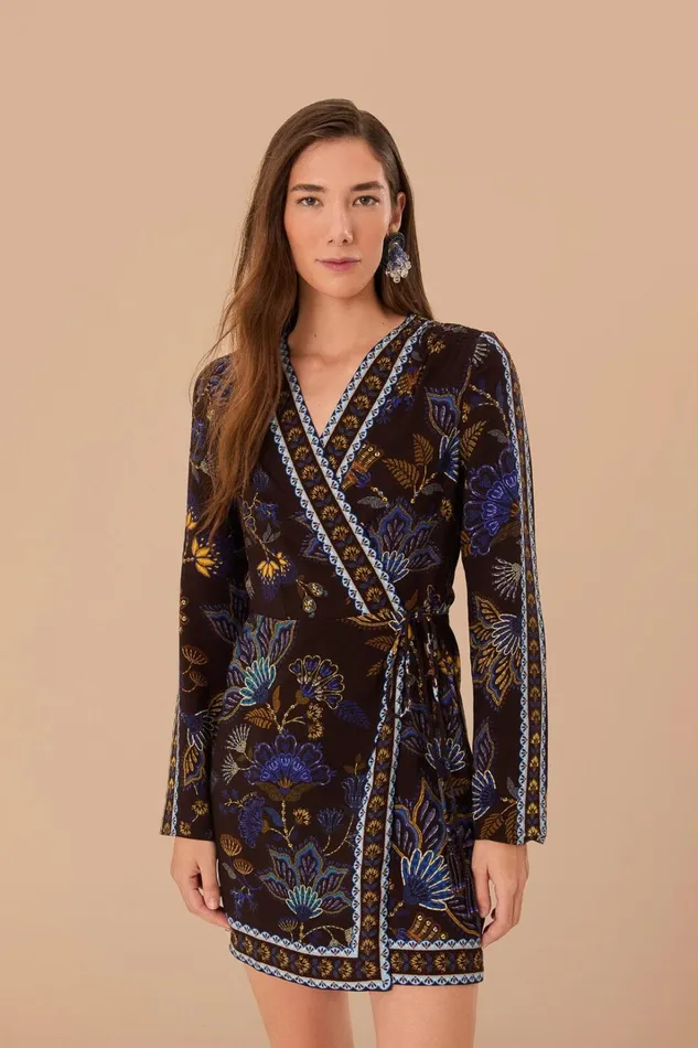 Women Mini Dresses Farm Rio Brown Embroidered Garden Lenzing Ecovero Viscose Wrap Mini Dress