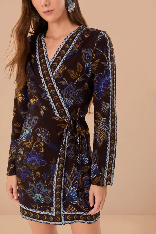 Women Mini Dresses Farm Rio Brown Embroidered Garden Lenzing Ecovero Viscose Wrap Mini Dress