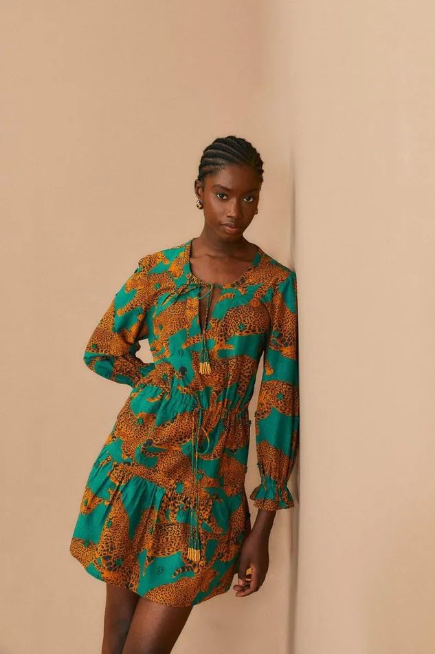 Women Mini Dresses Farm Rio Green Artsy Leopards Long Sleeve Mini Dress