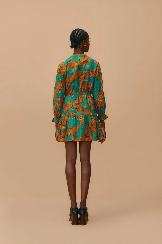 Women Mini Dresses Farm Rio Green Artsy Leopards Long Sleeve Mini Dress