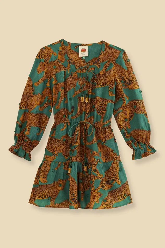 Women Mini Dresses Farm Rio Green Artsy Leopards Long Sleeve Mini Dress