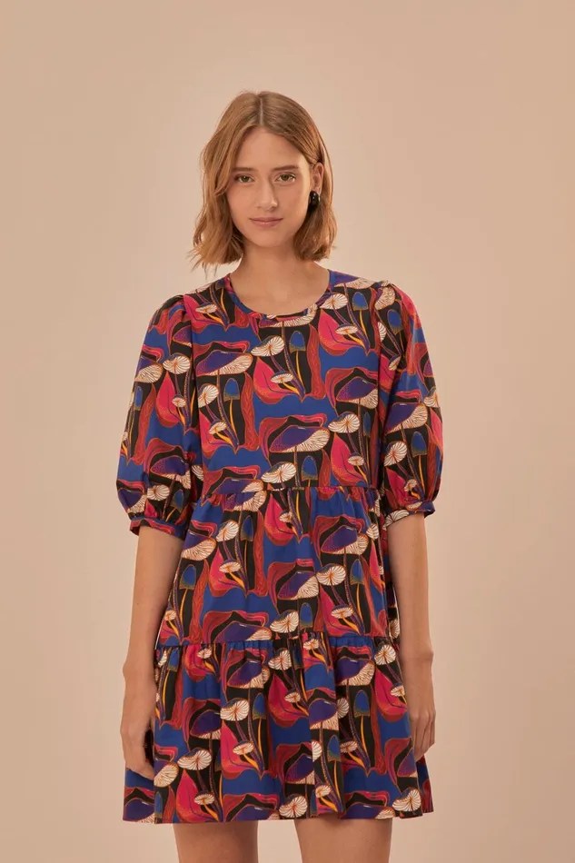 Women Mini Dresses Farm Rio Wild Mushrooms Black Puff Sleeve Mini Dress