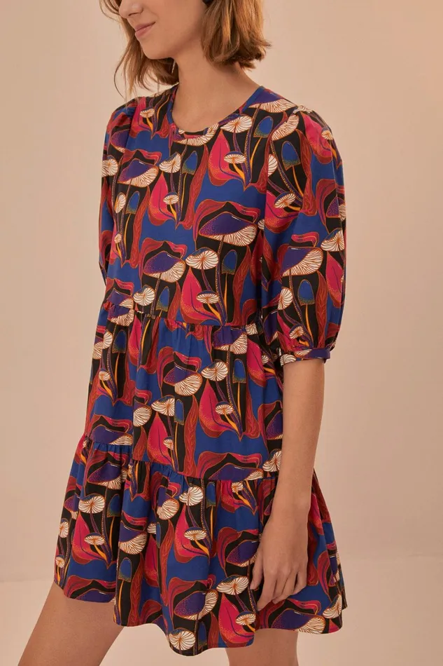 Women Mini Dresses Farm Rio Wild Mushrooms Black Puff Sleeve Mini Dress