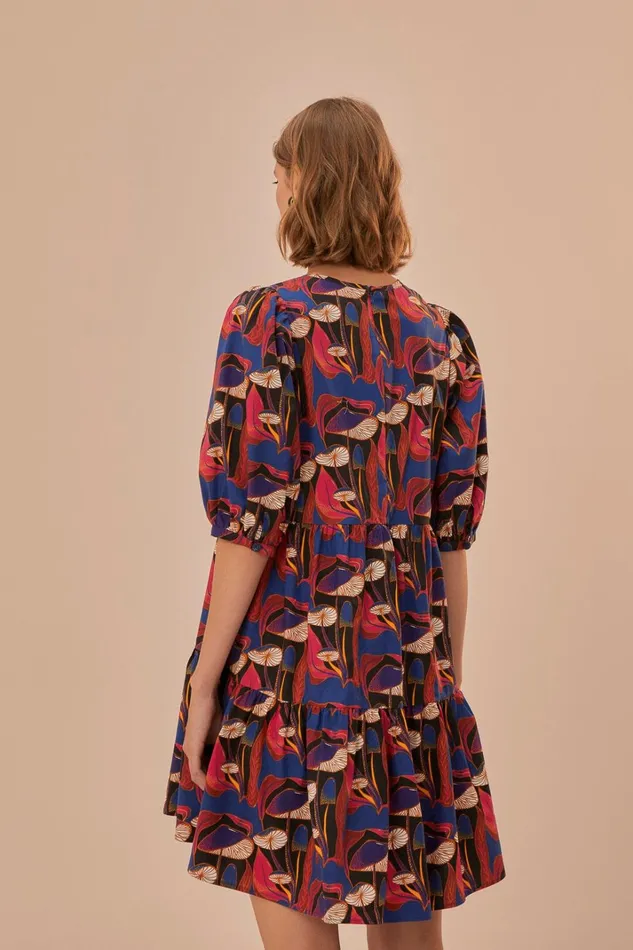 Women Mini Dresses Farm Rio Wild Mushrooms Black Puff Sleeve Mini Dress