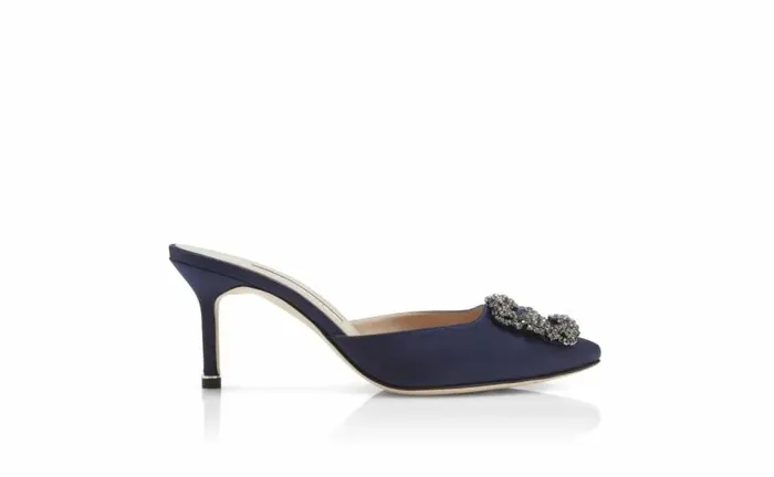 Women Navy Blue Satin Jewel Buckle Mules Manolo Blahnik Mules