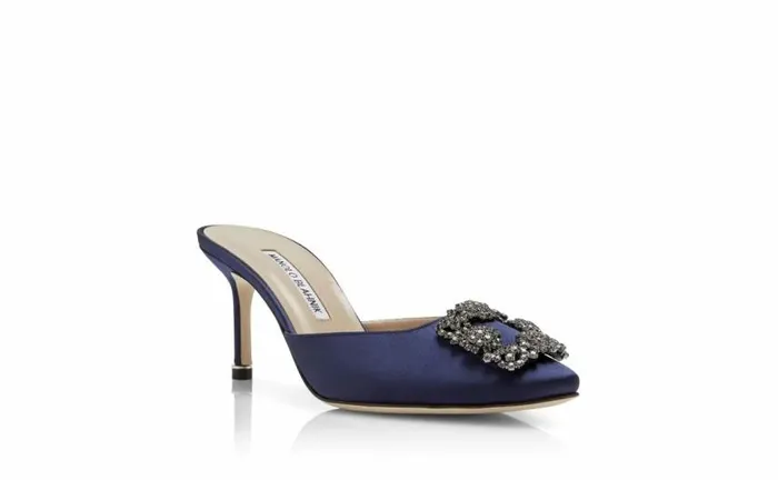 Women Navy Blue Satin Jewel Buckle Mules Manolo Blahnik Mules