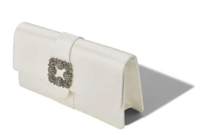 Women OffWhite Satin Jewel Buckle Clutch Manolo Blahnik Bags