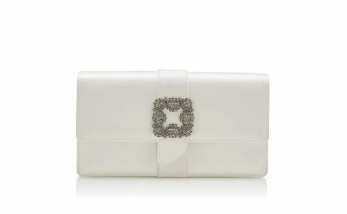 Women OffWhite Satin Jewel Buckle Clutch Manolo Blahnik Bags