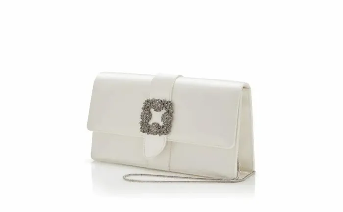 Women OffWhite Satin Jewel Buckle Clutch Manolo Blahnik Bags