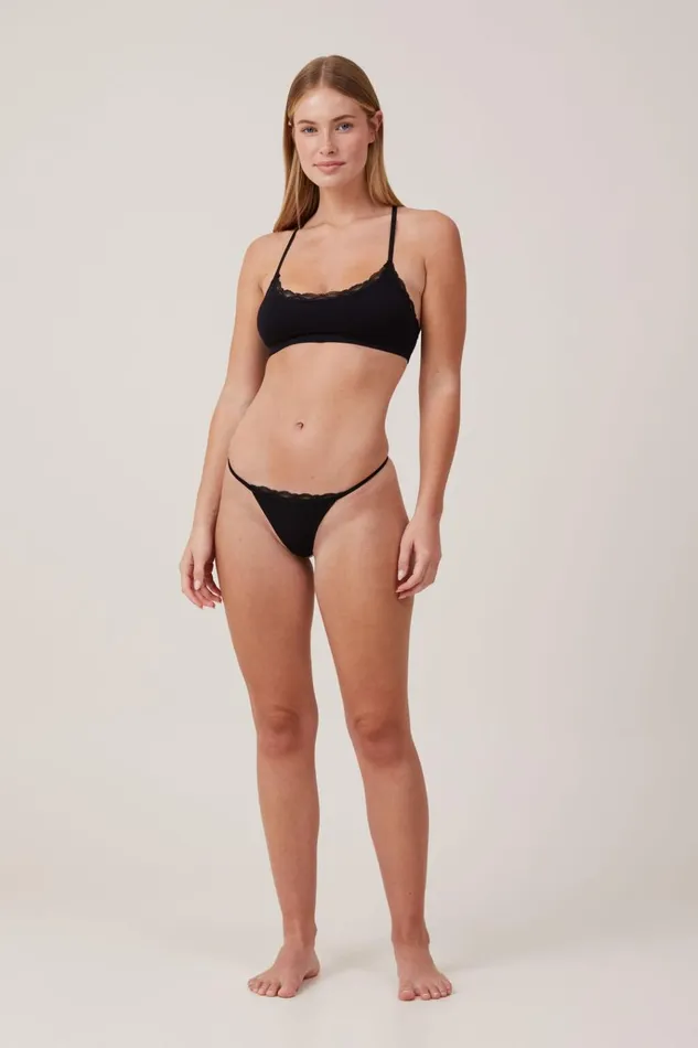 Women Panties Cotton On Seamless Lace Trim Tanga G String Brief Black