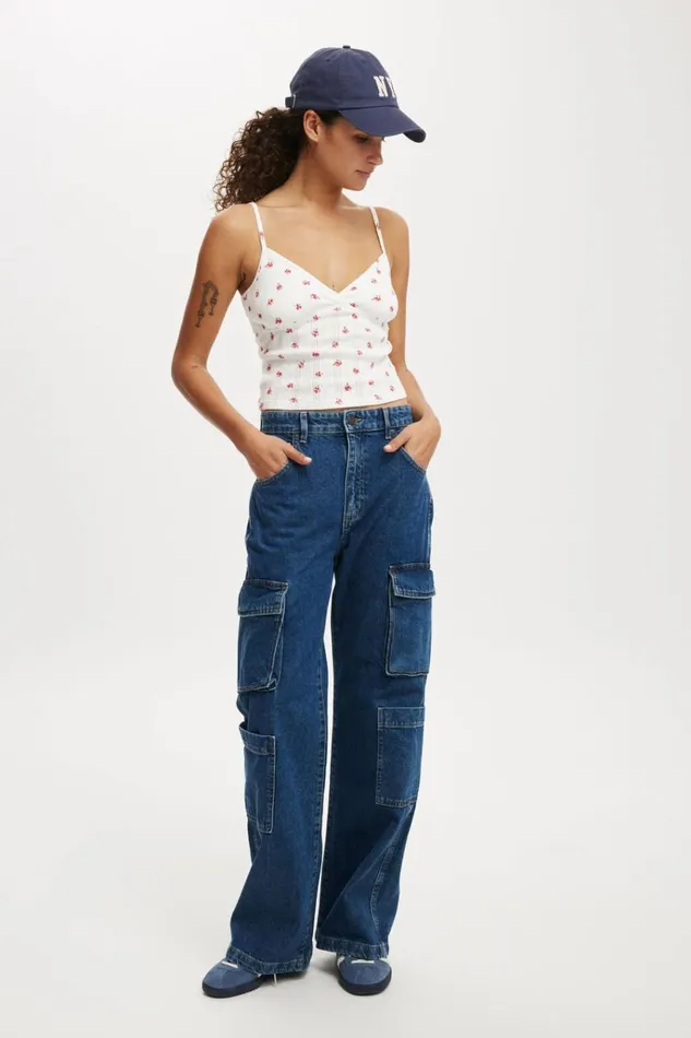 Women Pants Cotton On Cargo Wide Leg Jean Nordic Blue