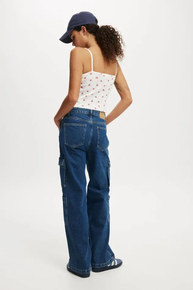 Women Pants Cotton On Cargo Wide Leg Jean Nordic Blue